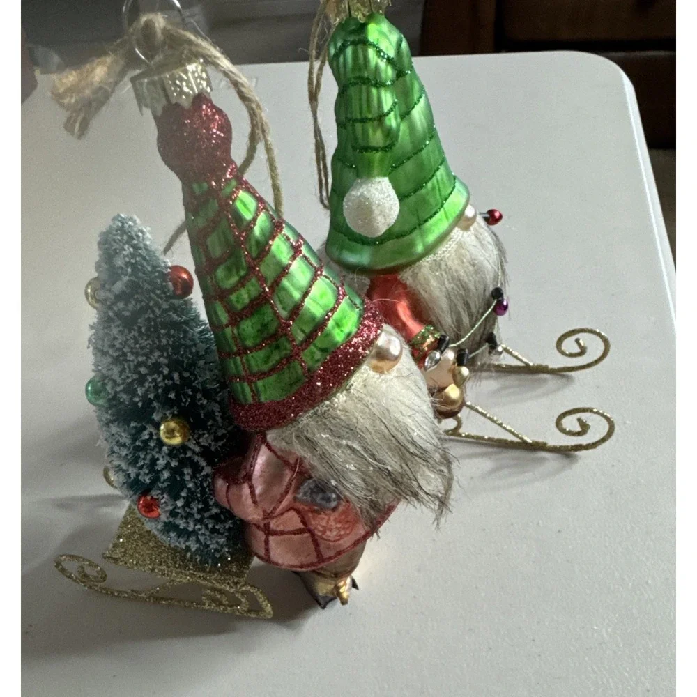 POTTERY BARN - New Mercury Glass GNOME Ornament Sled Faux Fur Beard - Set Of 2